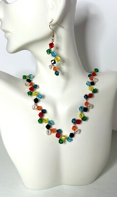 Very colorful necklace with bicones in 8 colors, matching earrings - image1